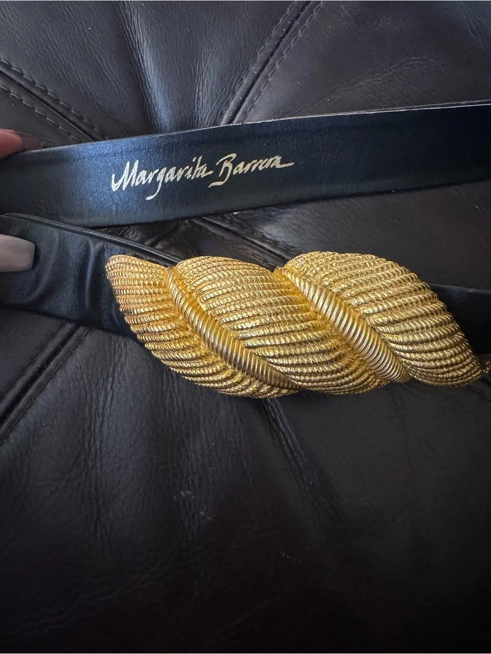 Black Leather Belt with Gold Leaf Buckle - Picture 5 of 5